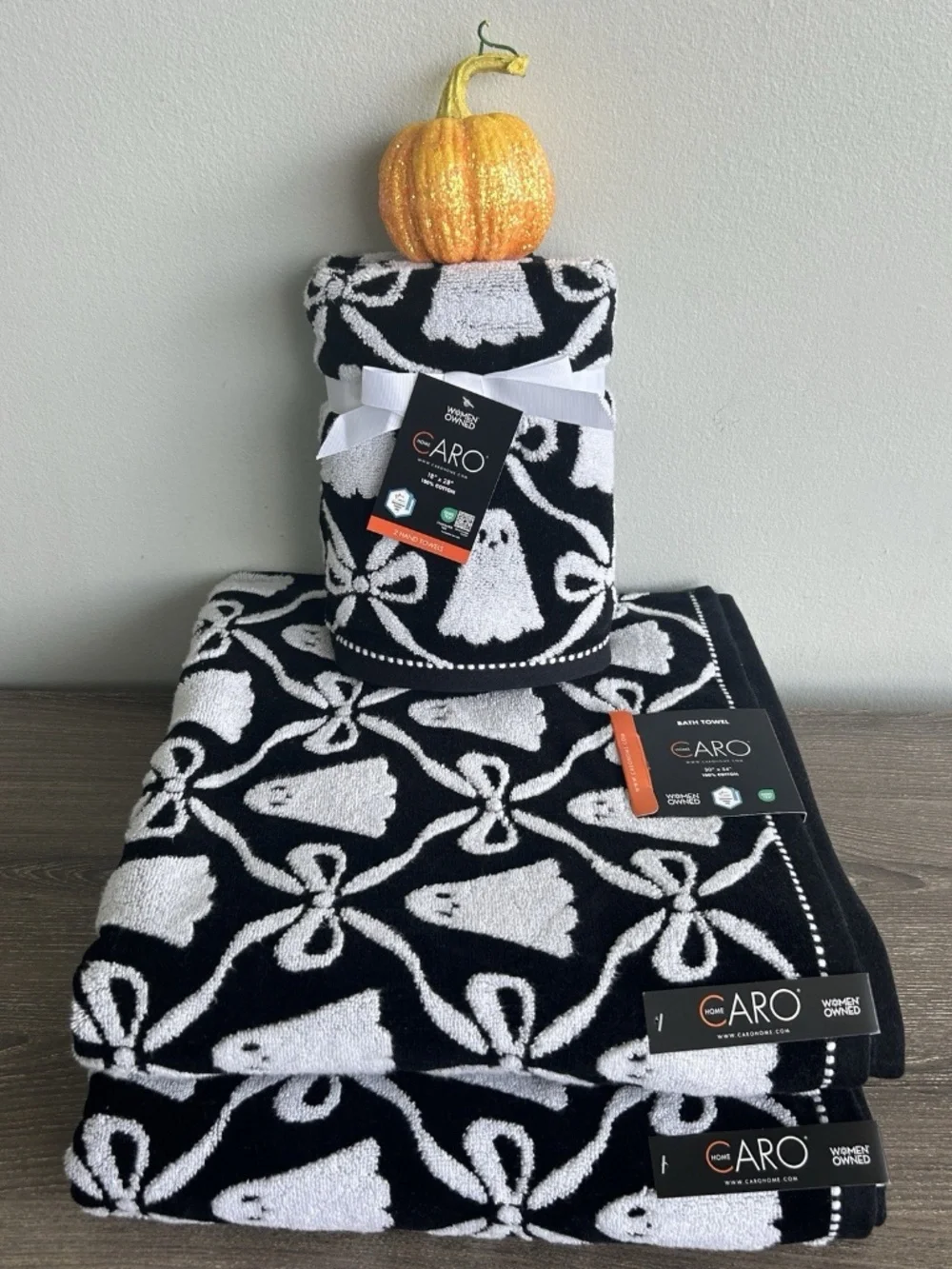 CARO Home Collection Halloween 2026 Ghost Bow Bath Cotton Towels Set of 4 New!